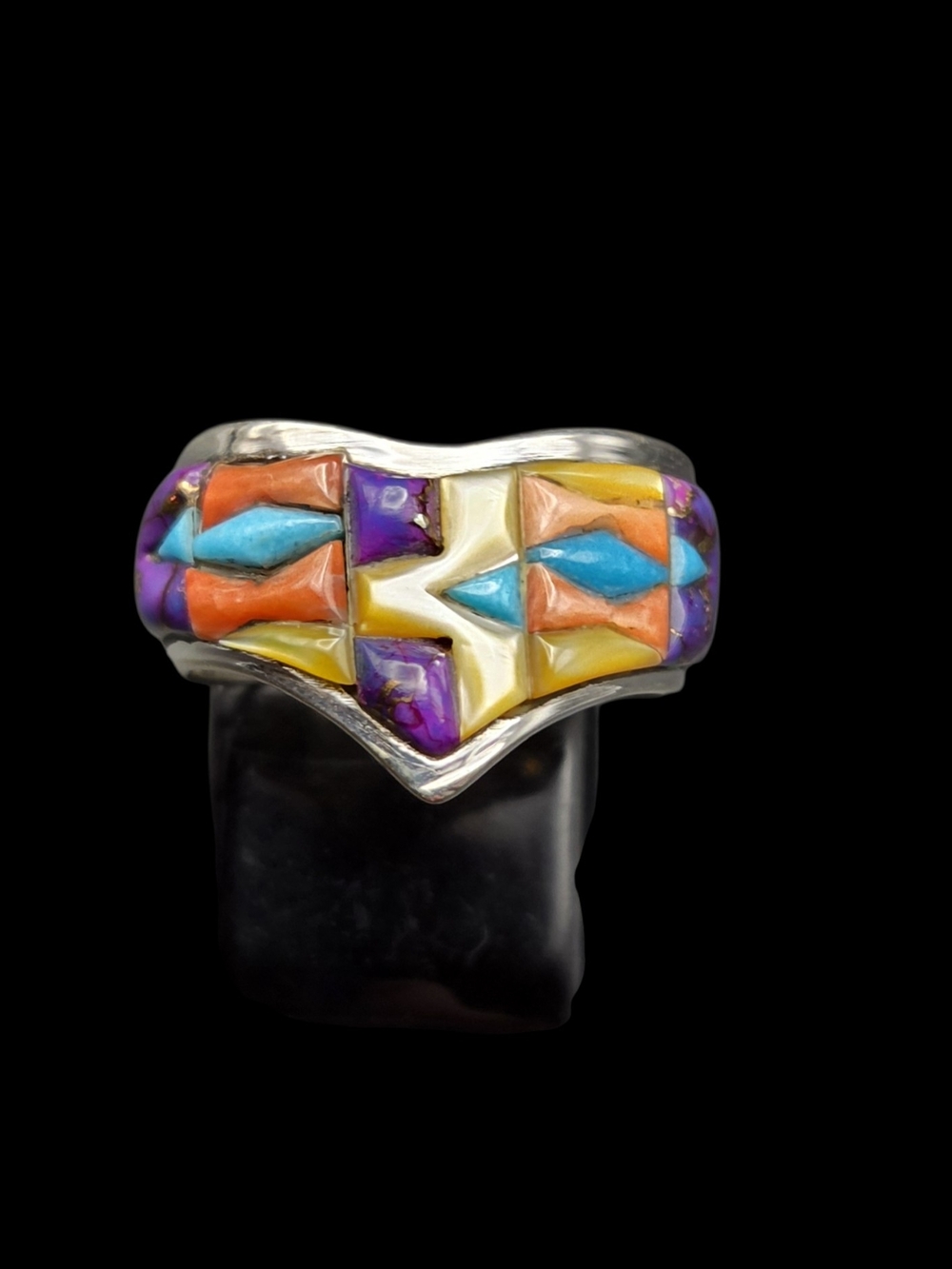 Sterling Silver Multicolor Inlay Chevron Ring 6.75